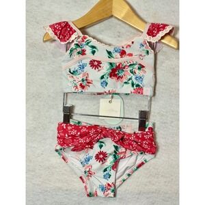 SweetHoney Girls Floral Ruffle Two‎ Piece Swimsuit Bikini Set Red White Blue 3T